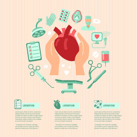 Cardiac surgery design concept wit human hands holding heart and operation icons vector illustrationのイラスト素材