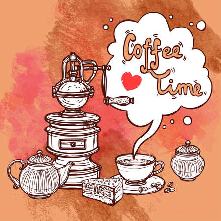 Coffee time sketch background with cup pot and cake vector illustrationのイラスト素材