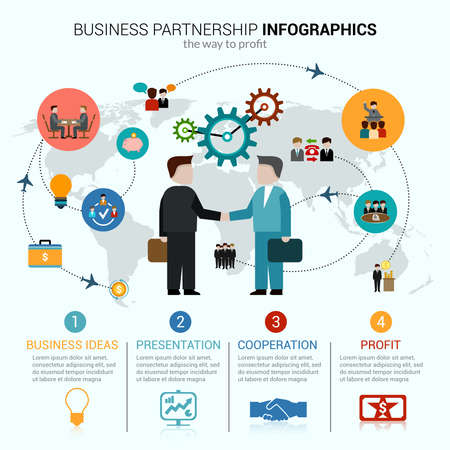 Business partnership infographics with idea presentation cooperation profit symbols and world map vector illustrationのイラスト素材