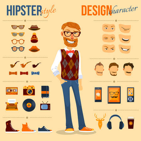 Male hipster character pack with geek fashion trendy elements isolated vector illustrationのイラスト素材