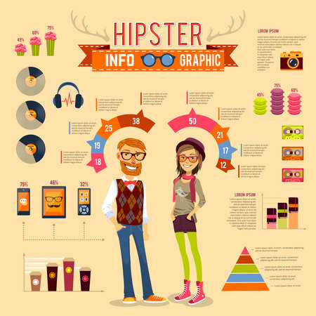 Hipster infographic set with boy girl and trendy accessories vector illustrationのイラスト素材