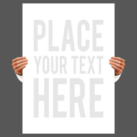 Hands holding cardboard advertise promotion poster realistic vector illustrationのイラスト素材