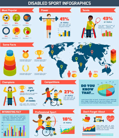 Disabled sports infographics set with playing people charts and world map vector illustrationのイラスト素材