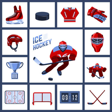 Ice hockey icon set with sport uniform protective outfit isolated vector illustrationのイラスト素材