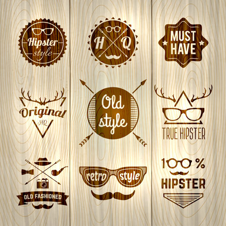 Hipster trendy fashion accessory gentleman culture labels on wooden background vector illustrationのイラスト素材