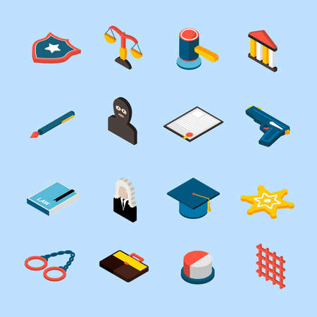Law and judgment icons isometric set with jury attorney handcuffs isolated vector illustrationのイラスト素材