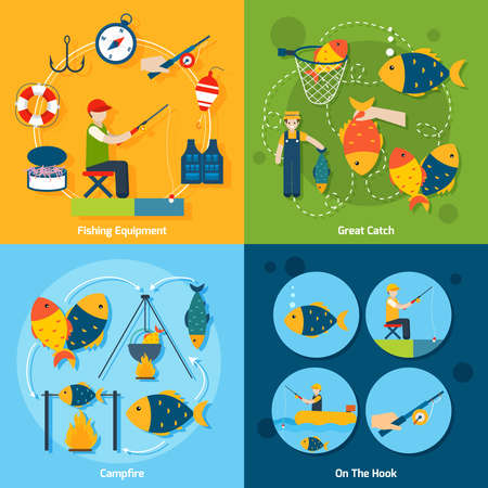 Fishing design concept set with equipment catch campfire hook flat icons set isolated vector illustrationのイラスト素材