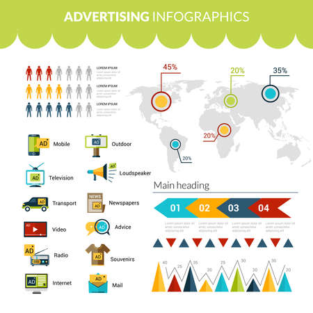 Advertising infographics set with marketing strategy symbols charts and world map vector illustrationのイラスト素材