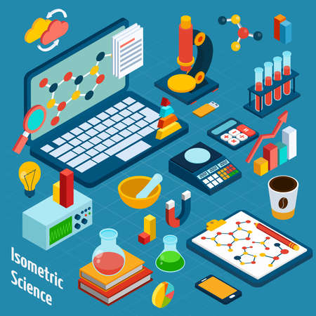 Isometric science workplace concept with computer and 3d chemistry and physics icons vector illustrationのイラスト素材