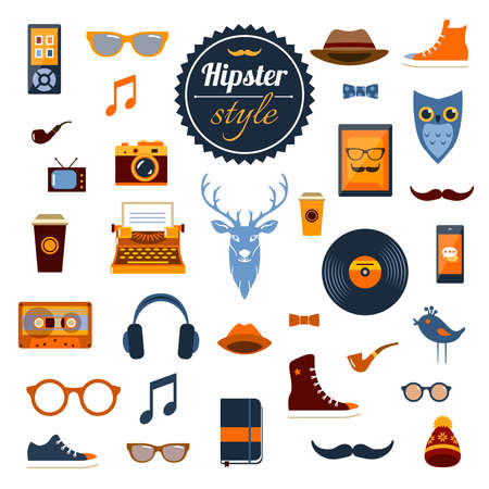 Hipster elements set with nerd clothing accessory and hobby icons isolated vector illustrationのイラスト素材