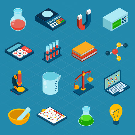 Isometric science 3d icons set with flask magnet calculator isolated vector illustrationのイラスト素材