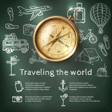 World travel poster with compass and tourism and holiday chalkboard elements vector illustrationのイラスト素材