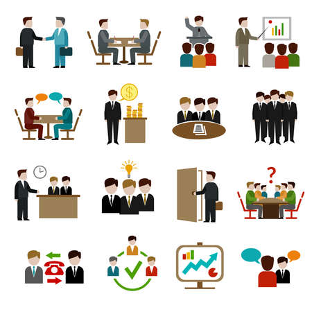 Meeting icons set with business teamwork corporate training and presentation symbols isolated vector illustrationのイラスト素材