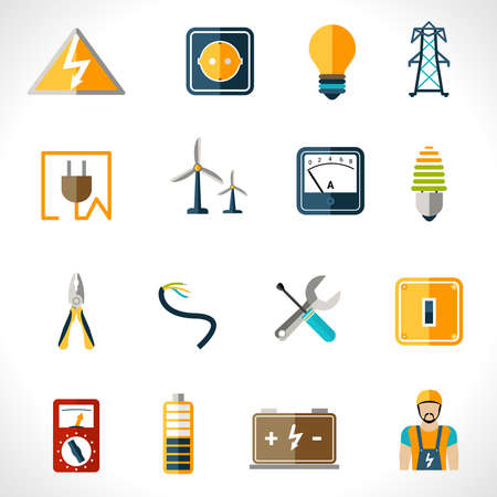 Electricity icons set with tester engineer socket electric power equipment isolated vector illustrationのイラスト素材