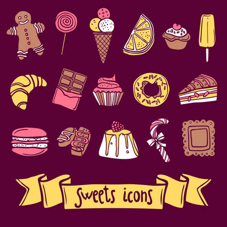 Sweet sketch decorative icon set with ginger man icecream marmalade isolated vector illustrationのイラスト素材