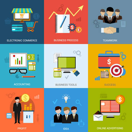 Business concept set with electronic commerce teamwork accounting tools icons isolated vector illustrationのイラスト素材