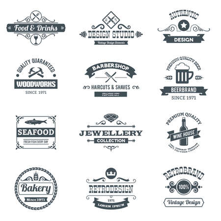 Retro black logo emblems set with woodworks barbershop restaurant isolated vector illustrationのイラスト素材