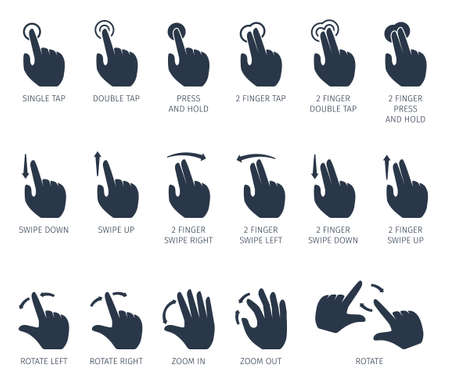 Touch gestures icons set with hands tap rotate press swipe isolated vector illustrationのイラスト素材