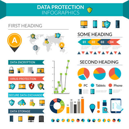 Data protection infographics set with safe information storage symbols and chart vector illustrationのイラスト素材