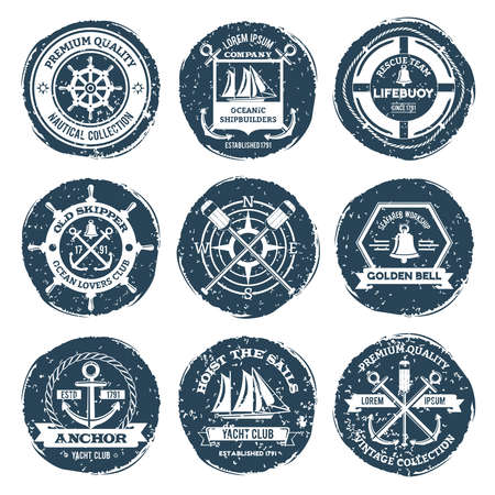 Nautical sea sailing shipbuilders labels and stamps set isolated vector illustrationのイラスト素材