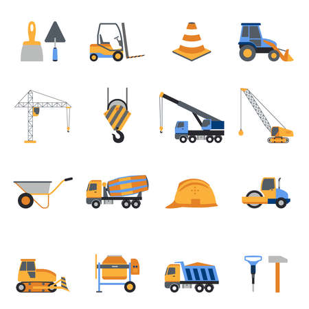 Construction icons set with builder tools and vehicles isolated vector illustrationのイラスト素材