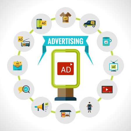 Advertising concept with outdoor billboard with ad and marketing icons set vector illustrationのイラスト素材