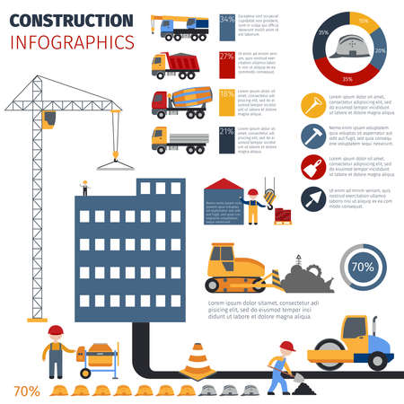 Construction and builder infographics set with industrial symbols and charts vector illustrationのイラスト素材