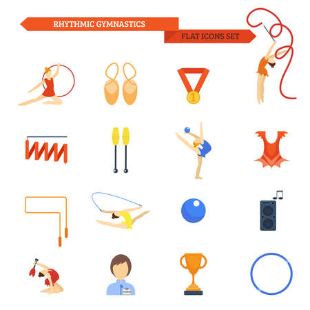 Rhythmic gymnastics icon flat set with female athletes with balls and bands isolated vector illustrationのイラスト素材