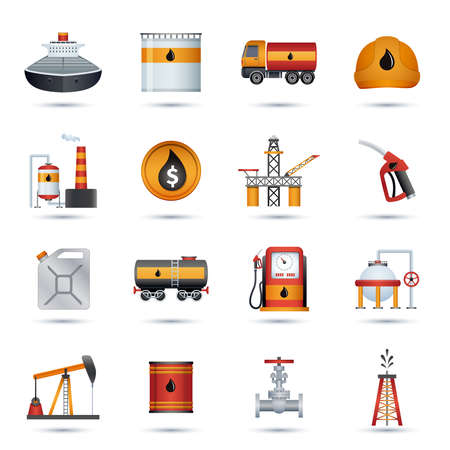 Oil industry petroleum fuel processing transportation and extraction icons set isolated vector illustrationのイラスト素材
