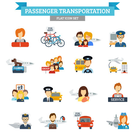 Passenger transportation icon flat set with transport drivers and passengers isolated vector illustrationのイラスト素材