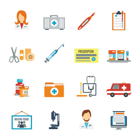 Doctor first aid icon flat set with pills thermometer syringe isolated vector illustrationのイラスト素材