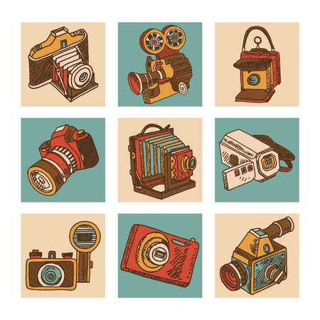 Retro camera mechanical photo apparatus sketch icons set isolated vector illustrationのイラスト素材