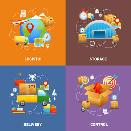 Logistics design concept set with storage delivery and control flat icons isolated vector illustrationのイラスト素材