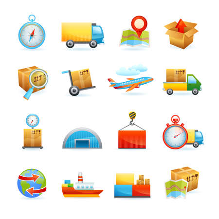 Global freight transportation logistics flat icons set with cargo vessel containers delivery service abstract isolated vector illustrationのイラスト素材