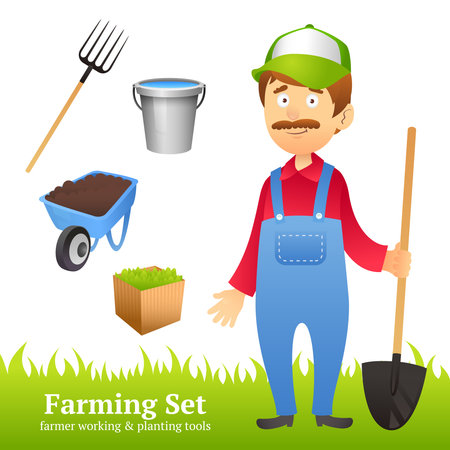 Farmer man avatar with farming working and planting tools set vector illustrationのイラスト素材