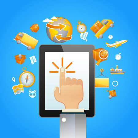 Logistic network concept with human hand touch pad and transportation icons vector illustrationのイラスト素材
