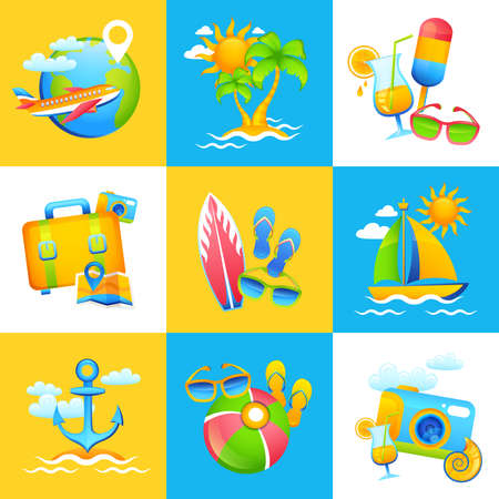 Summer vacation design concept set with plane suitcase ice cream decorative icons isolated vector illustrationのイラスト素材