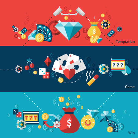 Casino horizontal banner set with temptation game win elements isolated vector illustrationのイラスト素材