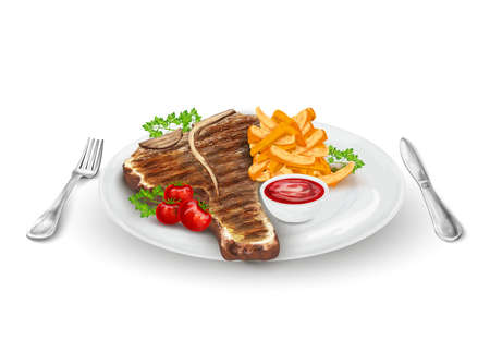 Grilled steak on plate with potato chips vegetables knife and fork vector illustrationのイラスト素材