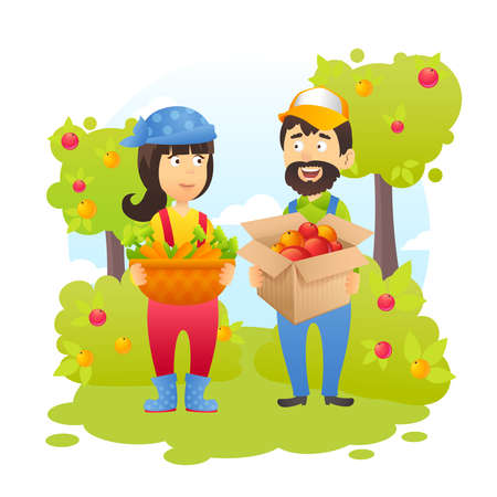 Male and female farmers in garden with harvest of carrots and apples and trees on background vector illustrationのイラスト素材