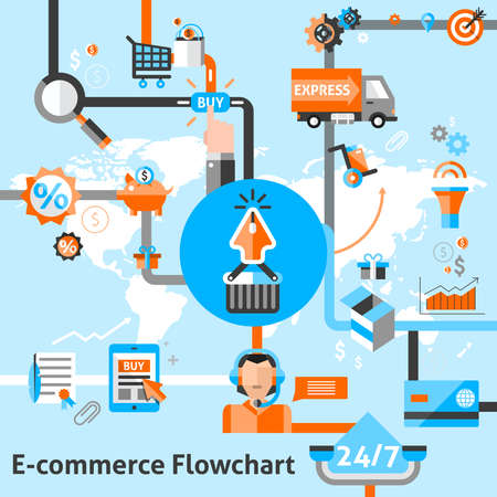 E-commerce flowchart with online order store and shipping decorative icons vector illustrationのイラスト素材