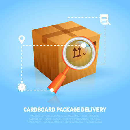 Logistic and delivery poster with cardboard box package and magnifier vector illustrationのイラスト素材