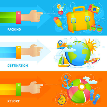 Summer vacation horizontal banner set with packing destination resort elements isolated vector illustrationのイラスト素材