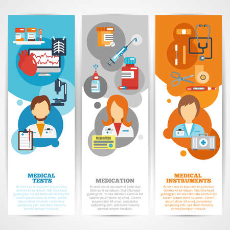 Doctor banner vertical set with medical tests instruments medication elements isolated vector illustrationのイラスト素材