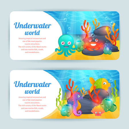 Underwater tropical exotic sea animals horizontal banners set with crab corals and octopus abstract isolated vector illustrationのイラスト素材