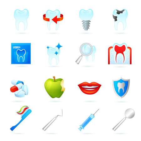 Dental icons set with dentistry surgeon tools cracked tooth and pills isolated vector illustrationのイラスト素材