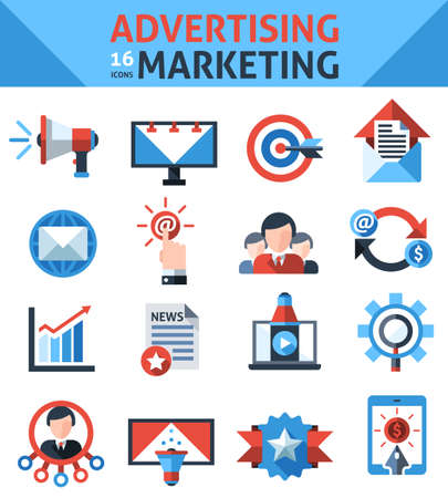 Advertising marketing icons set with announcement selling campaign elements isolated vector illustrationのイラスト素材