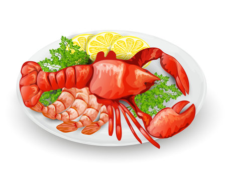 Lobster on plate with lemon shrimps and parsley seafood restaurant menu concept vector illustrationのイラスト素材