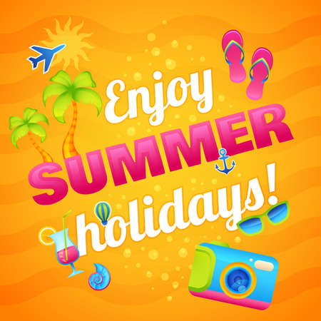 Travel and vacation poster with enjoy summer holidays text and tourism elements vector illustrationのイラスト素材