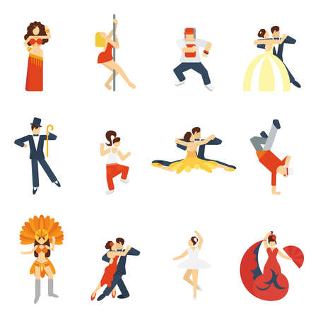 Social dancing festival elegant waltz tango oriental dance icon flat set isolated vector illustrationのイラスト素材